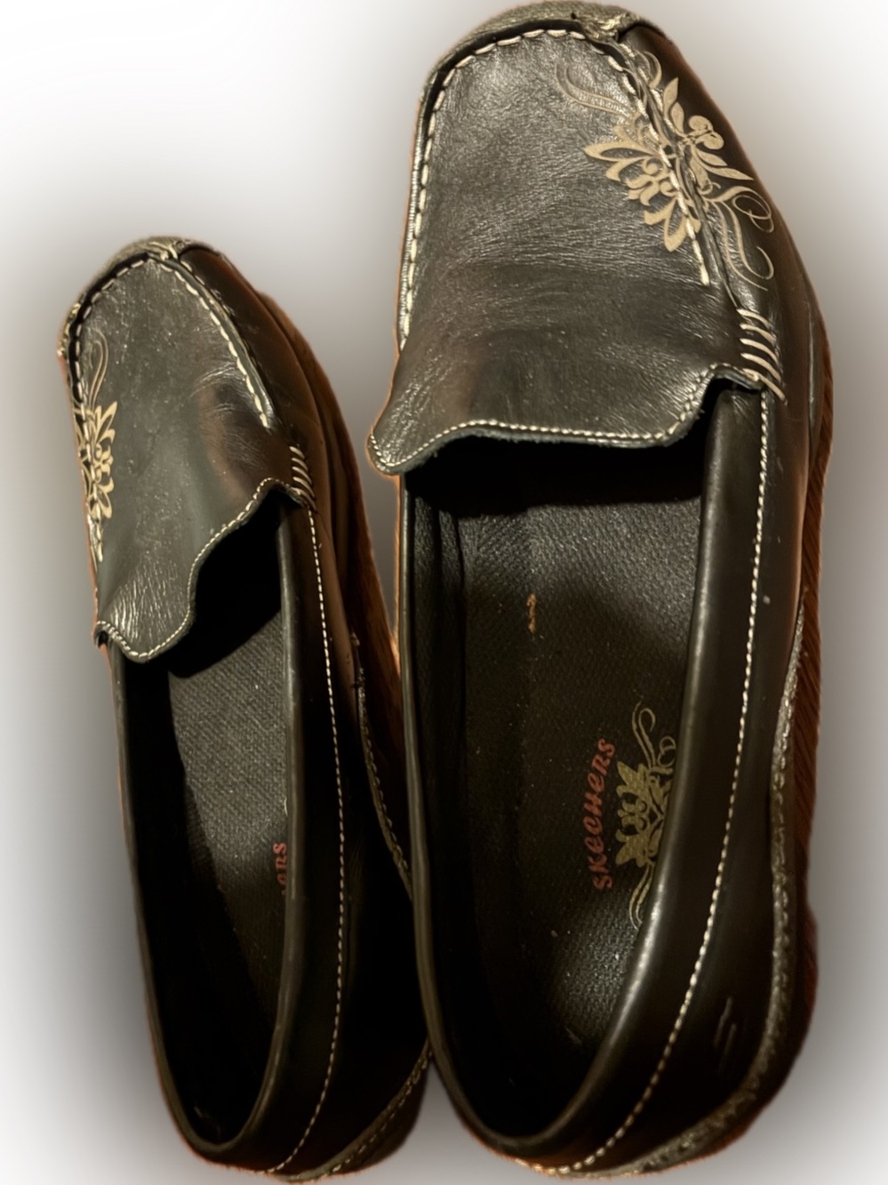 Skechers Brown bs Tan Slip-On Loafers with Gold Floral Accent